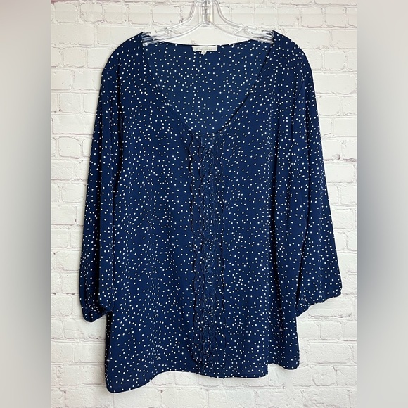 B Skies are Blue Navy and White Polka Dot Ruffle Blouse - Picture 1 of 9